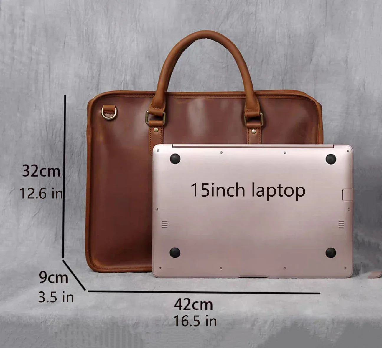 Vintage leather briefcase sized for 15-inch laptop, brown; dimensions shown