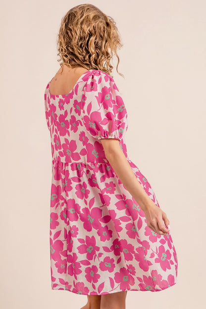 Printed Square Neck Puff Sleeve Pink Mini Dress