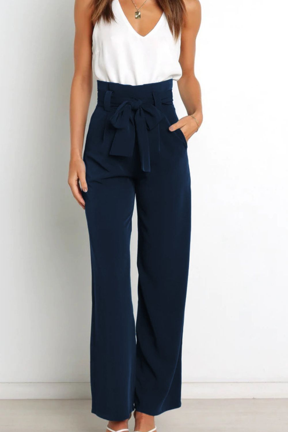 Tie Front Wide Leg Women's Pants blue