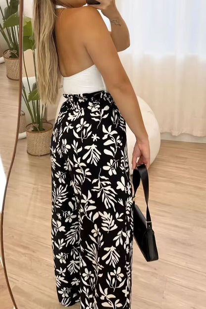 Full Size Printed High Waist Black Wide Leg Pants