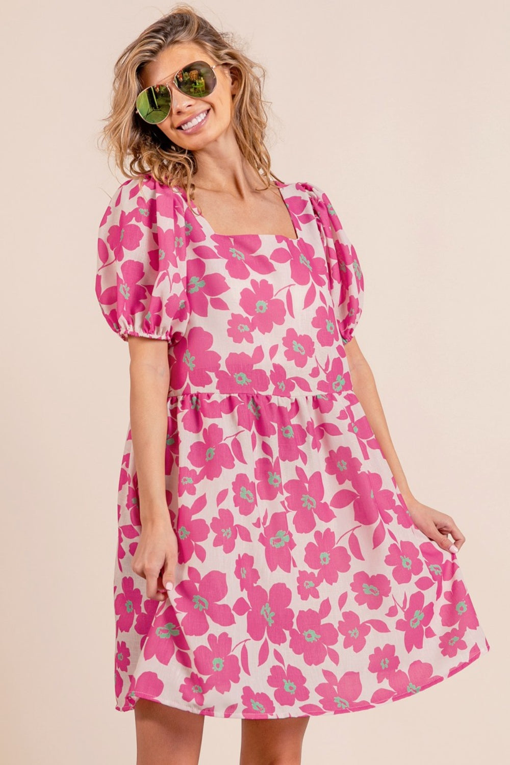 Printed Square Neck Puff Sleeve Pink Mini Dress