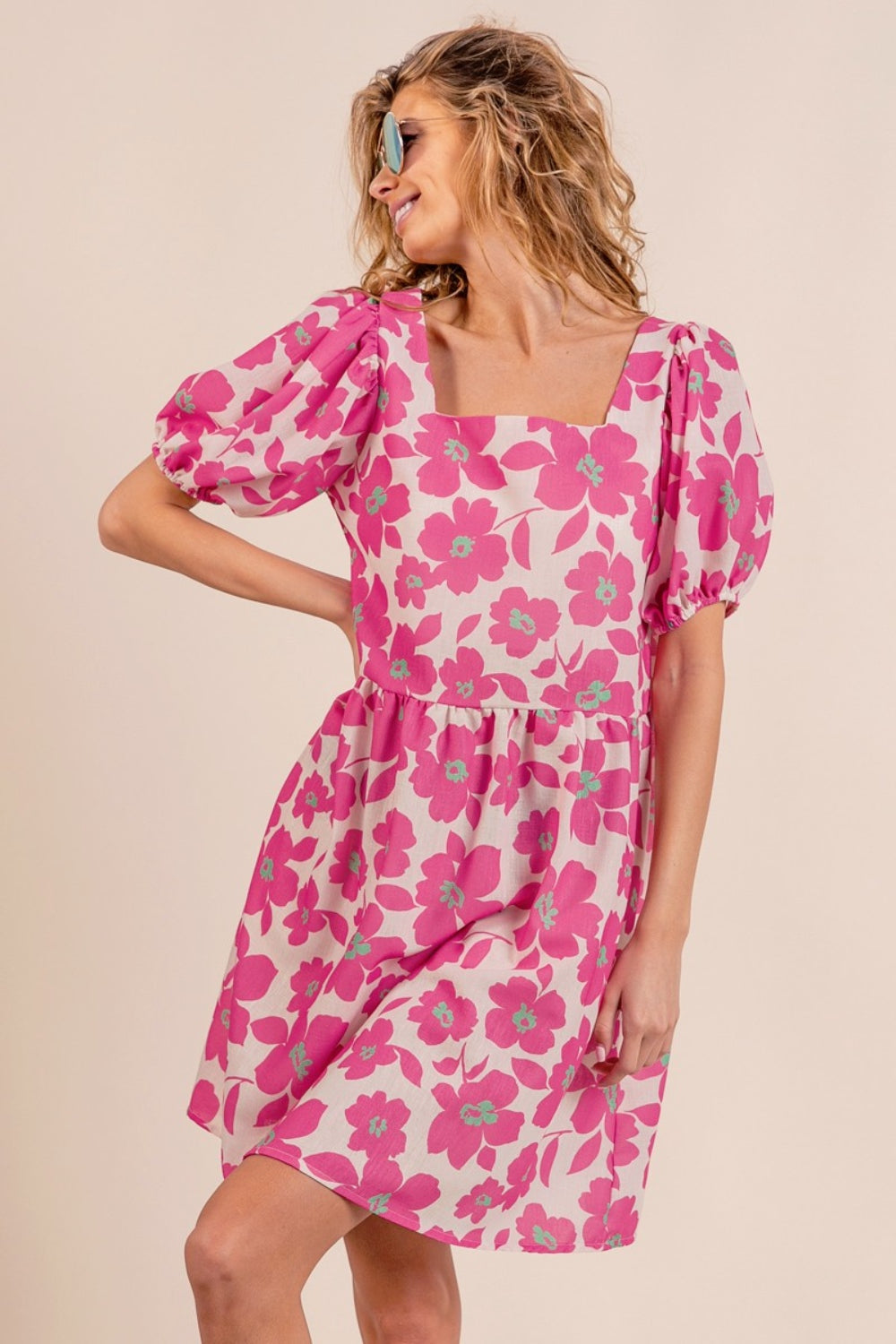 Printed Square Neck Puff Sleeve Pink Mini Dress