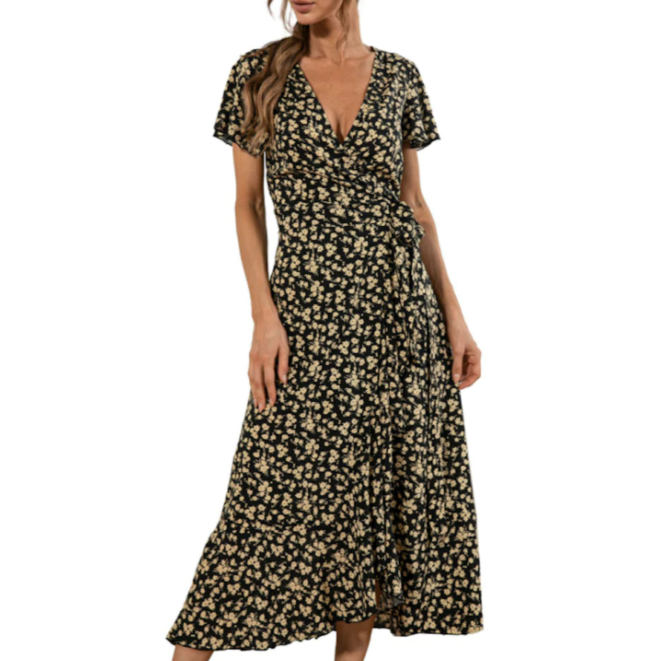 Women's Floral Maxi Dress With Cap Sleeves black