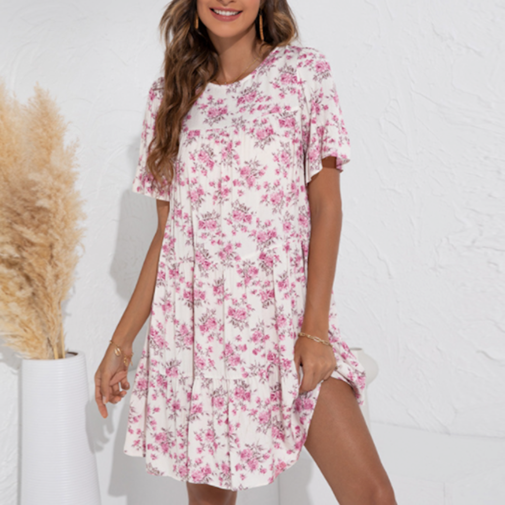 Women's A Line Floral Summer Beach Dress with Ruffle Sleeves pink