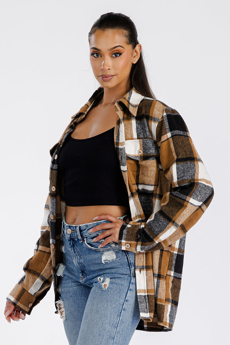 Boyfriend Style Women's Oversized Soft Brown Flannel Shacket