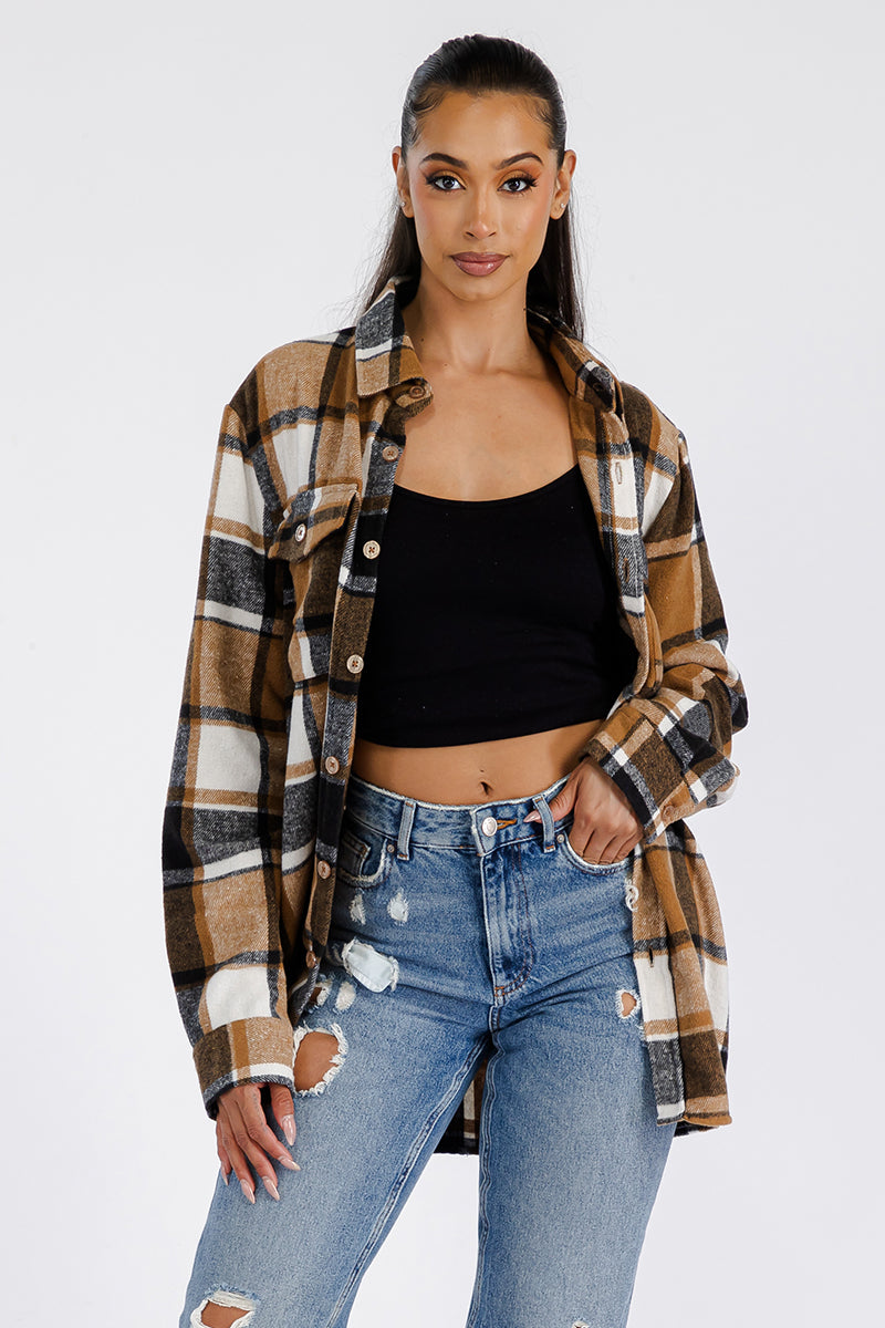 Boyfriend Style Women's Oversized Soft Brown Flannel Shacket