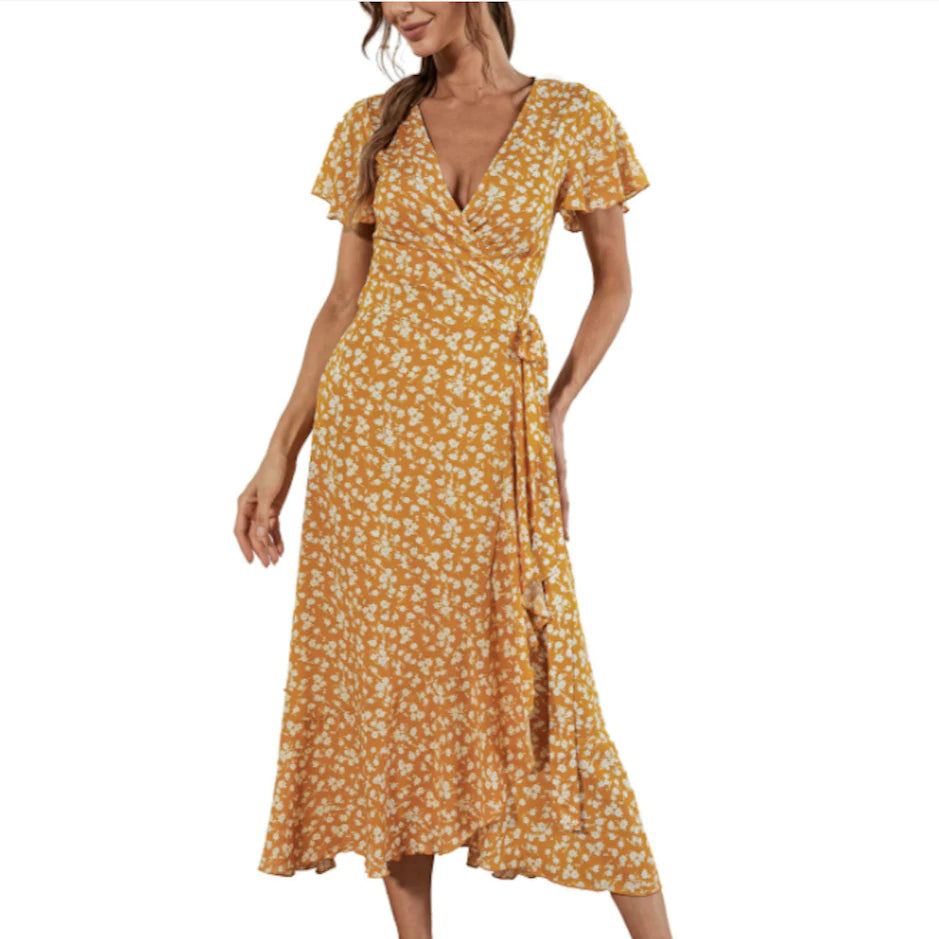 Women's Floral Maxi Dress With Cap Sleeves orange