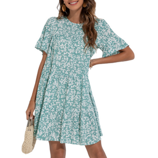 Women's A Line Floral Summer Beach Dress with Ruffle Sleeves green