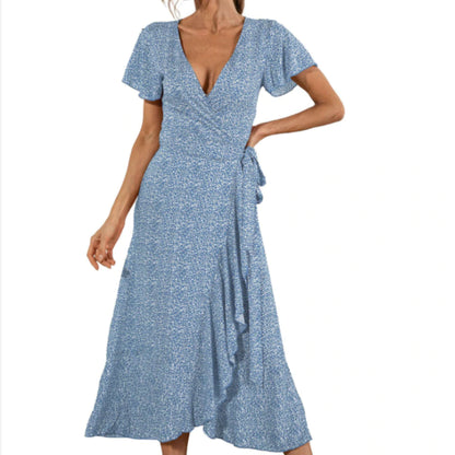 Women's Floral Maxi Dress With Cap Sleeves blue
