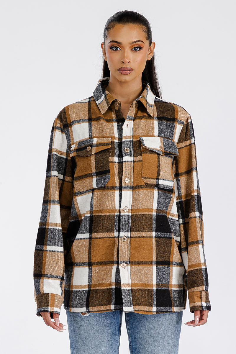 Boyfriend Style Women's Oversized Soft Brown Flannel Shacket