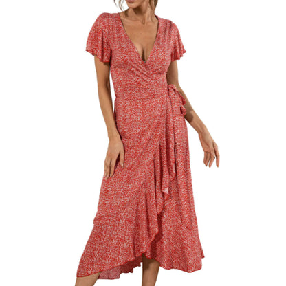 Women's Floral Maxi Dress With Cap Sleeves red
