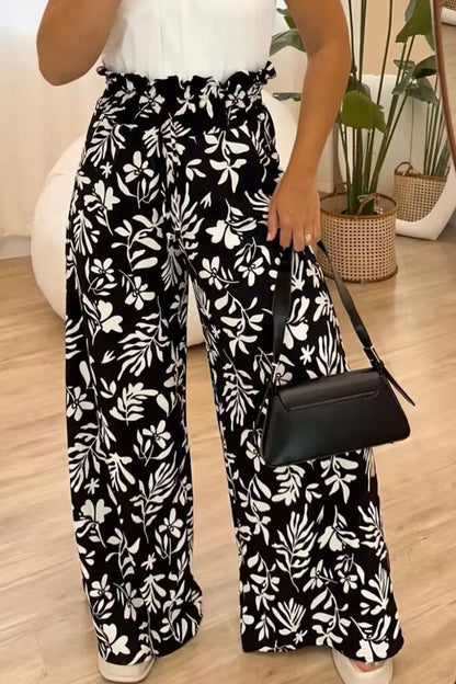 Full Size Printed High Waist Black Wide Leg Pants