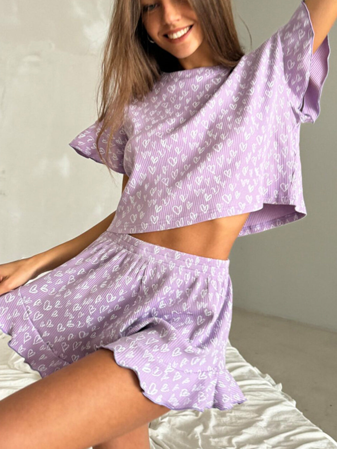 Printed Round Neck Top and Ruffled Shorts Set pink