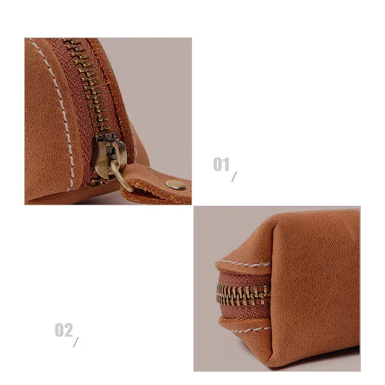 Leather makeup pouch zipper and stitching detail in brown