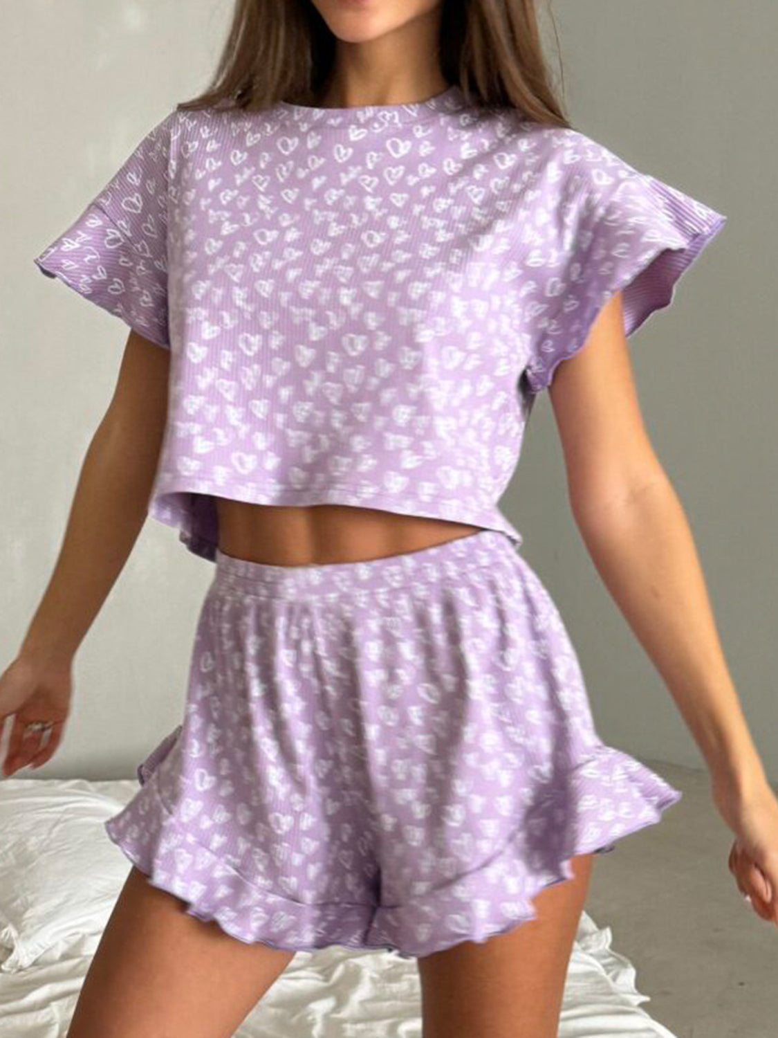 Printed Round Neck Top and Ruffled Shorts Set pink