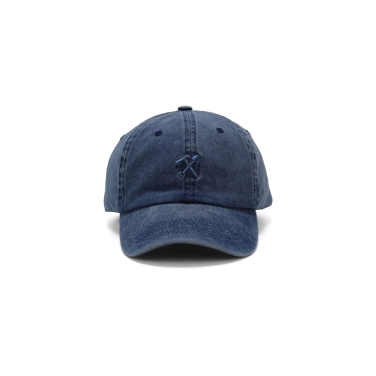 Blue baseball cap with a logo on a white background