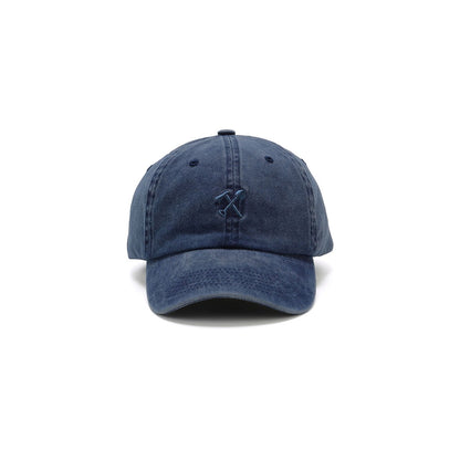 Blue baseball cap with a logo on a white background