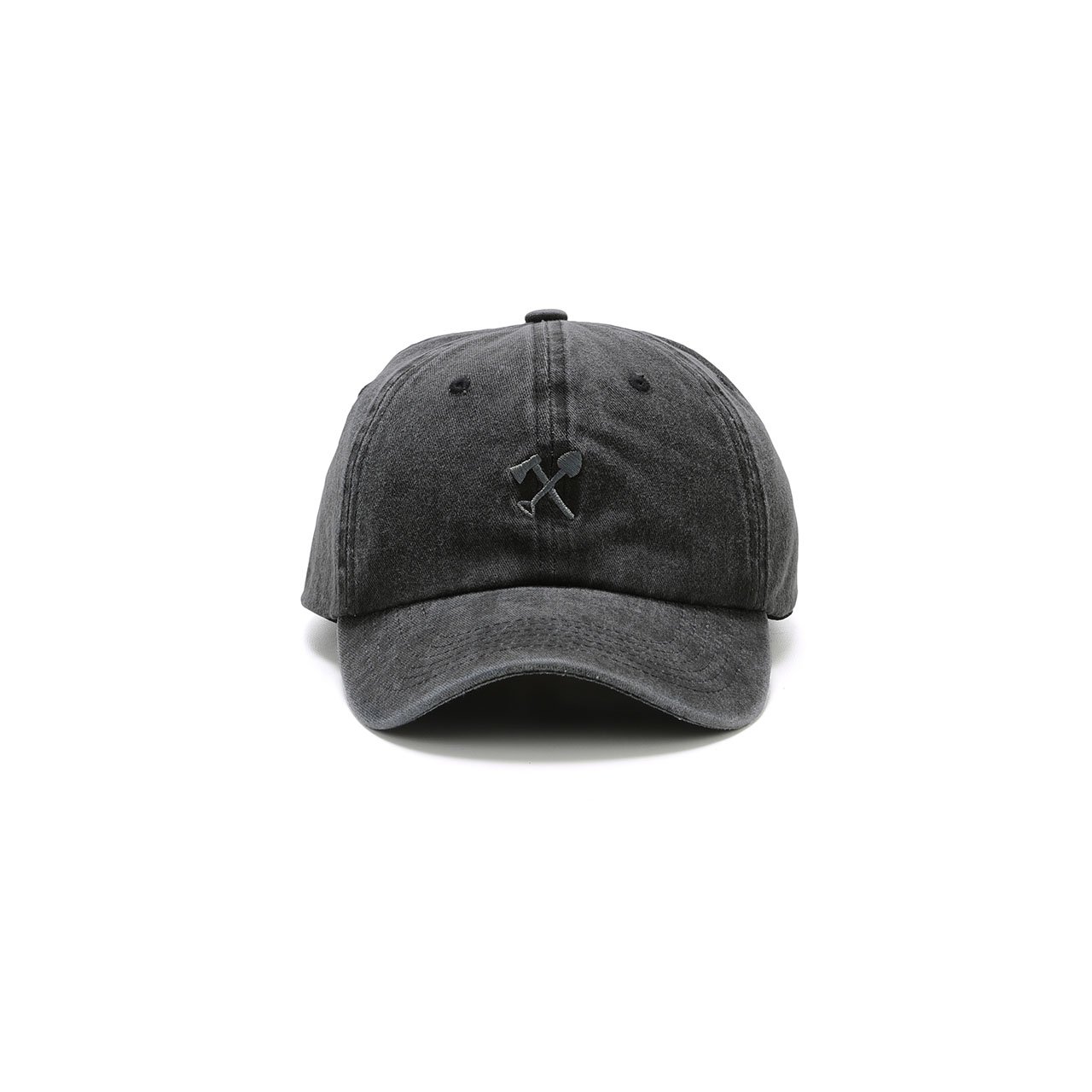 Black baseball cap with a logo on a white background