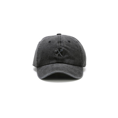 Black baseball cap with a logo on a white background
