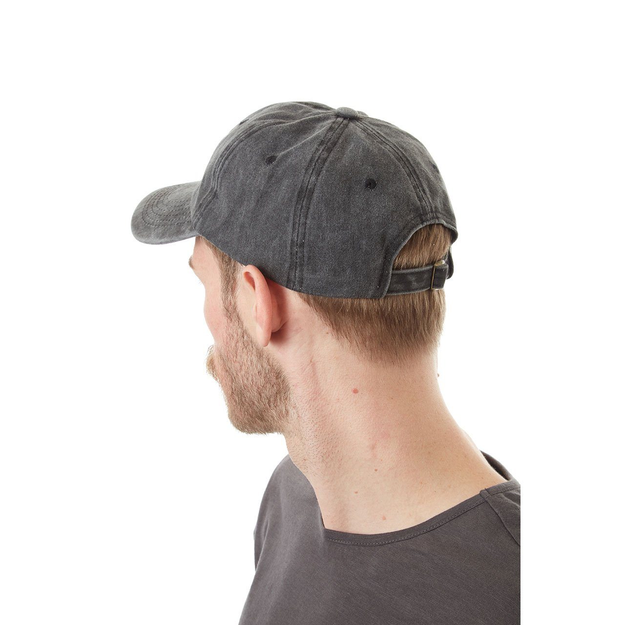 Person wearing a gray baseball cap from behind on a white background