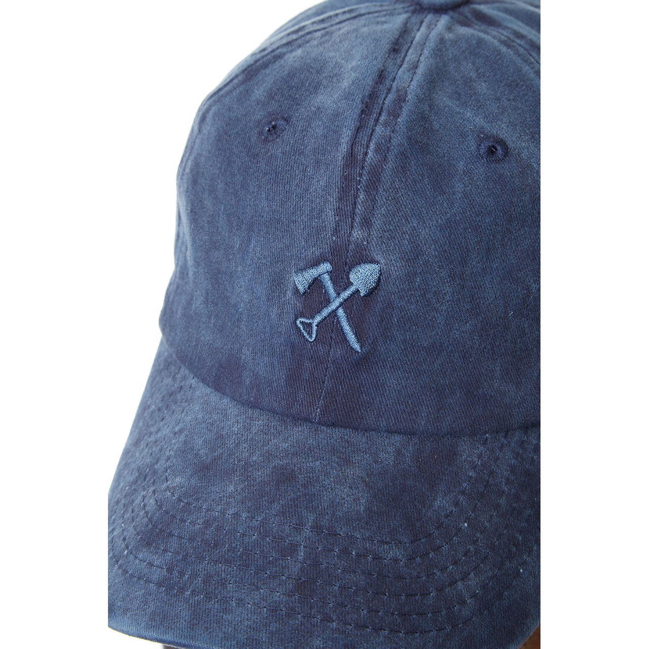 Blue denim cap with a logo on a white background