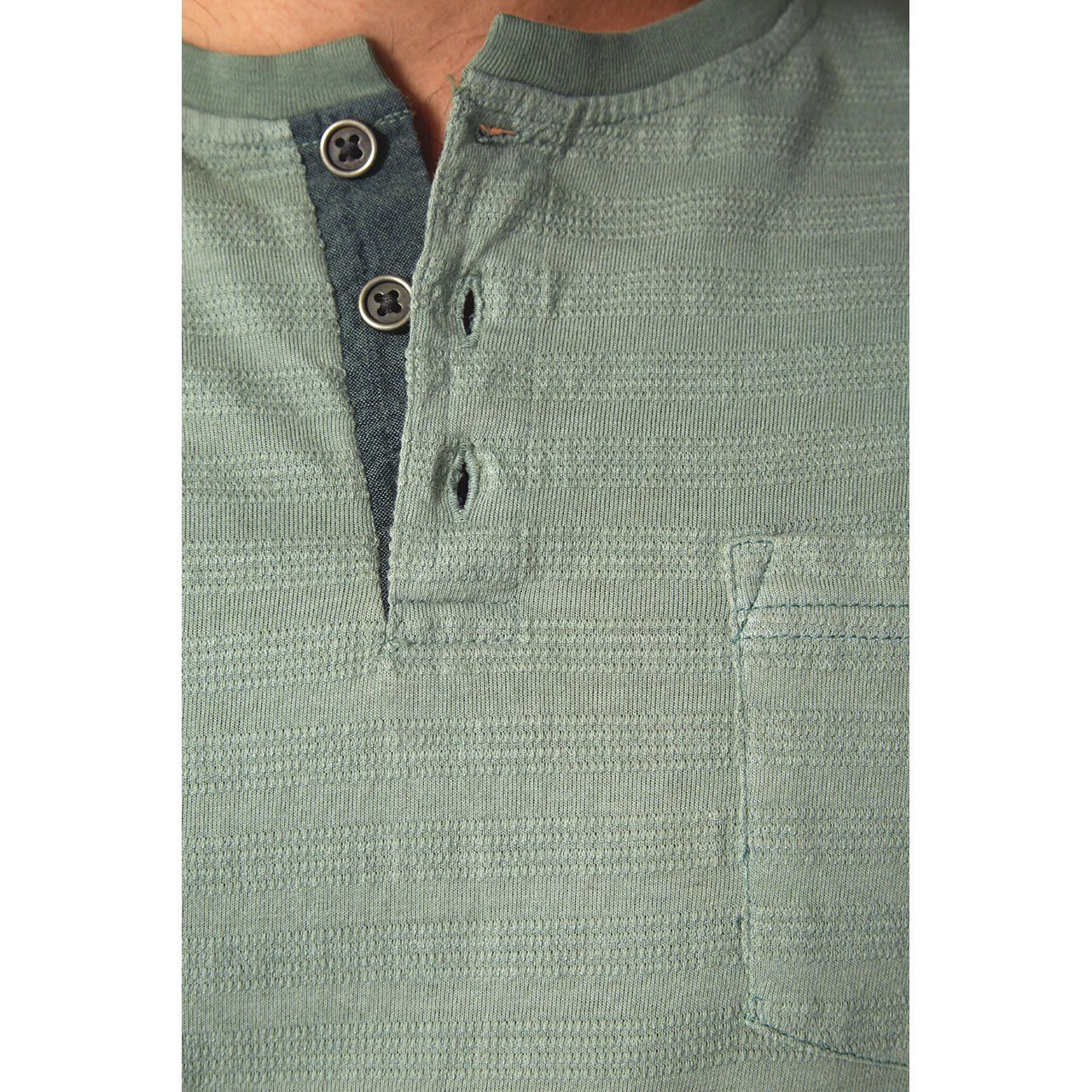 Green Striped Men's Henley T-Shirt close up of neck