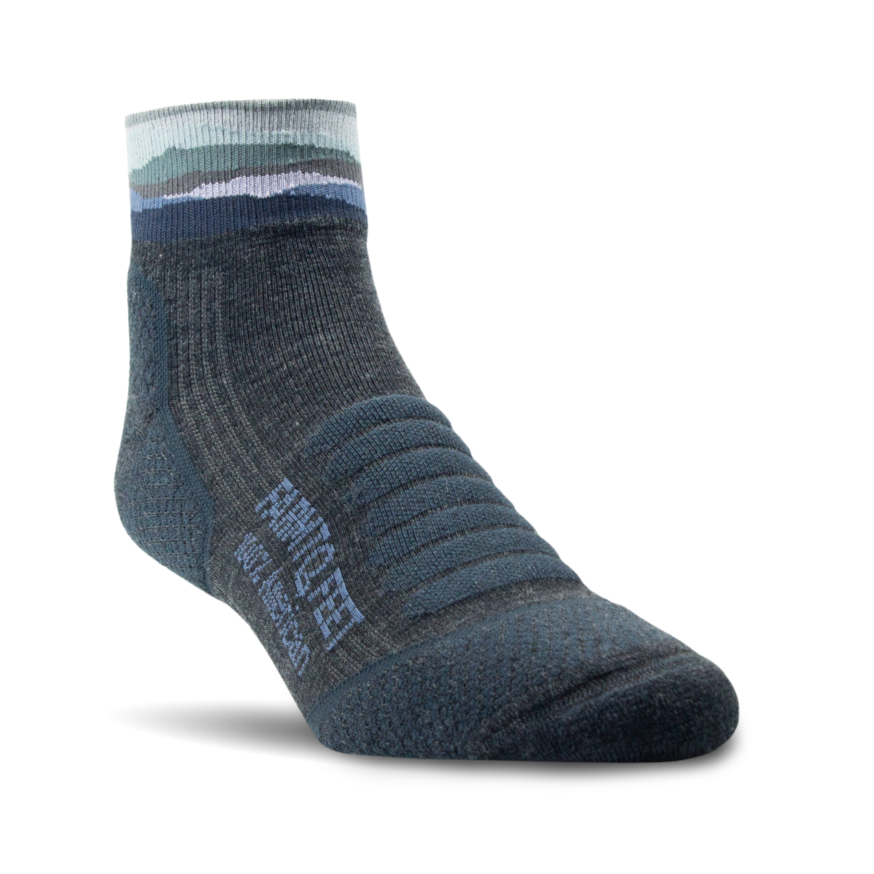 Blue sock with a brand logo on a white background