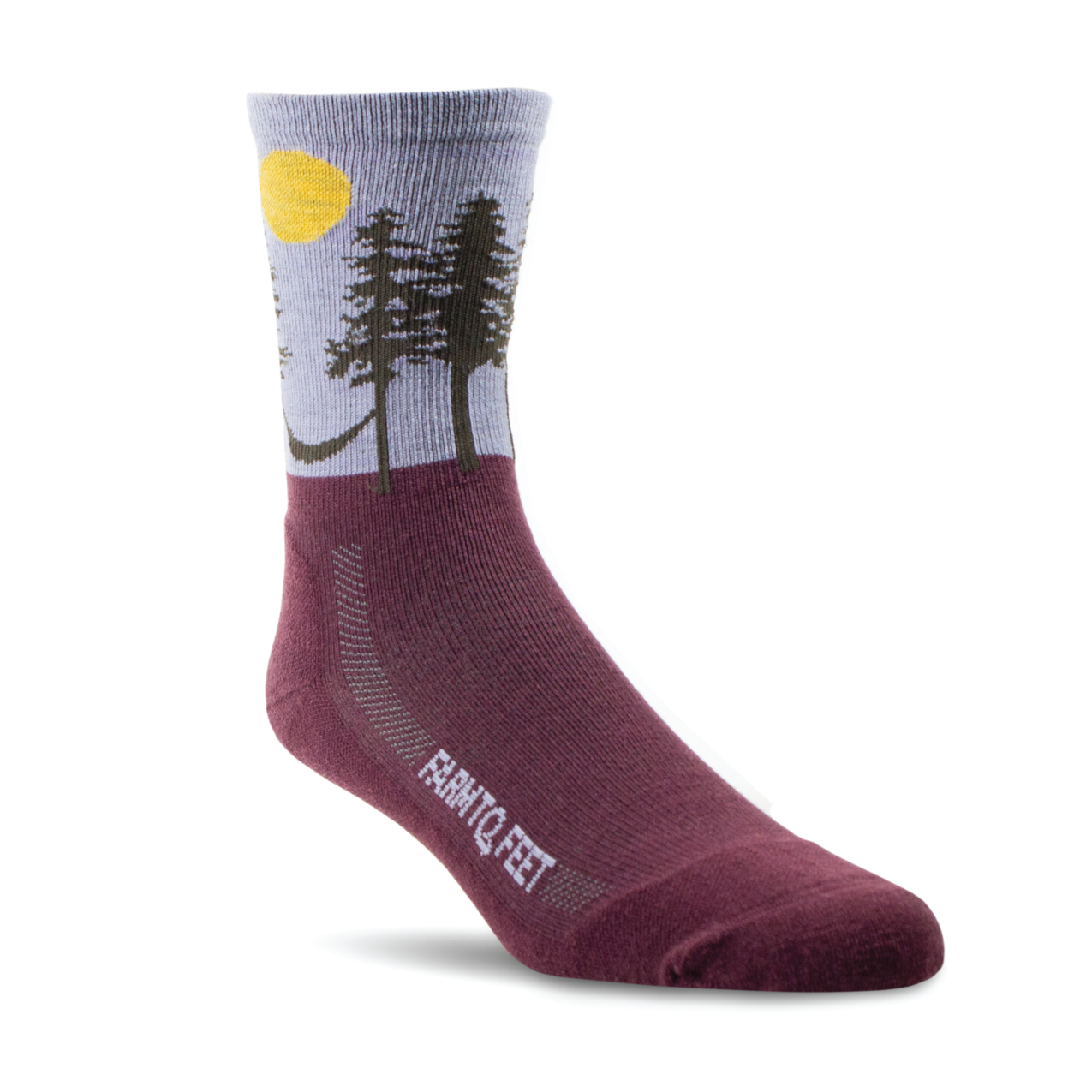 Maroon sock with nature-themed design on a white background