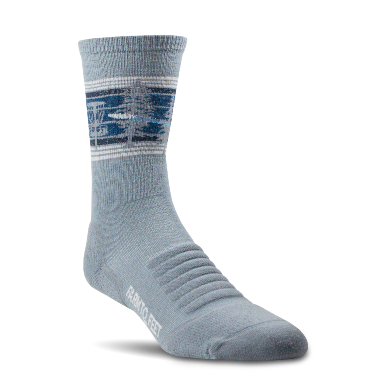 Gray sock with blue pattern on a white background