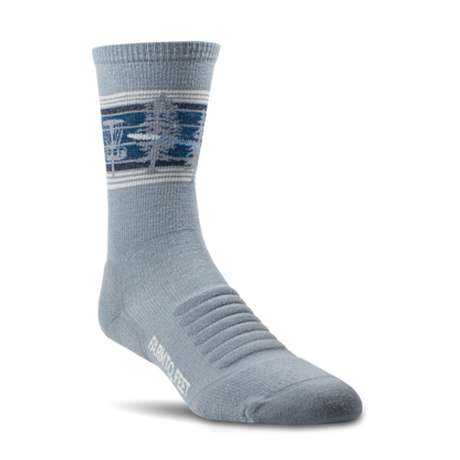 Gray sock with blue pattern on a white background