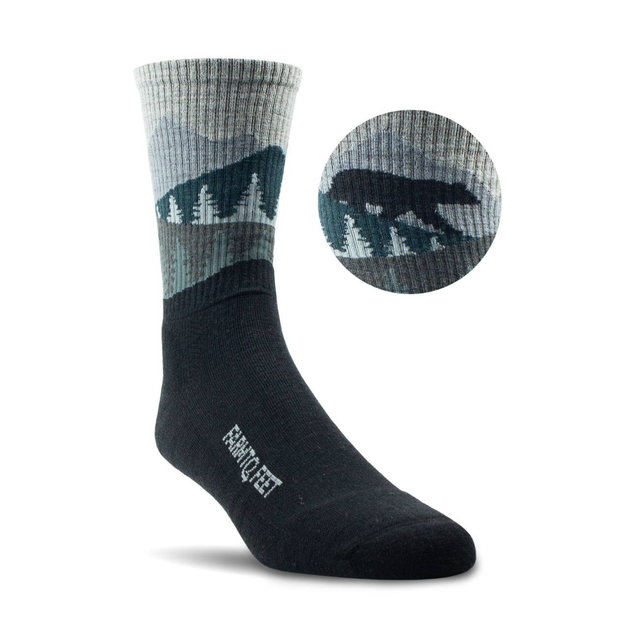Black and gray sock with mountain design, featuring a close-up inset on a white background.