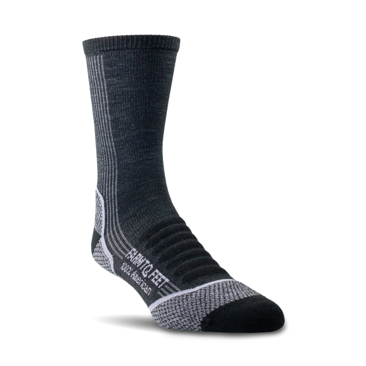 Gray sock with black toe and heel on a white background