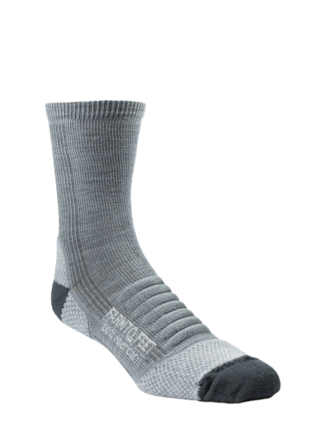 Gray sock with black accents on a white background