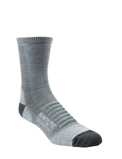 Gray sock with black accents on a white background