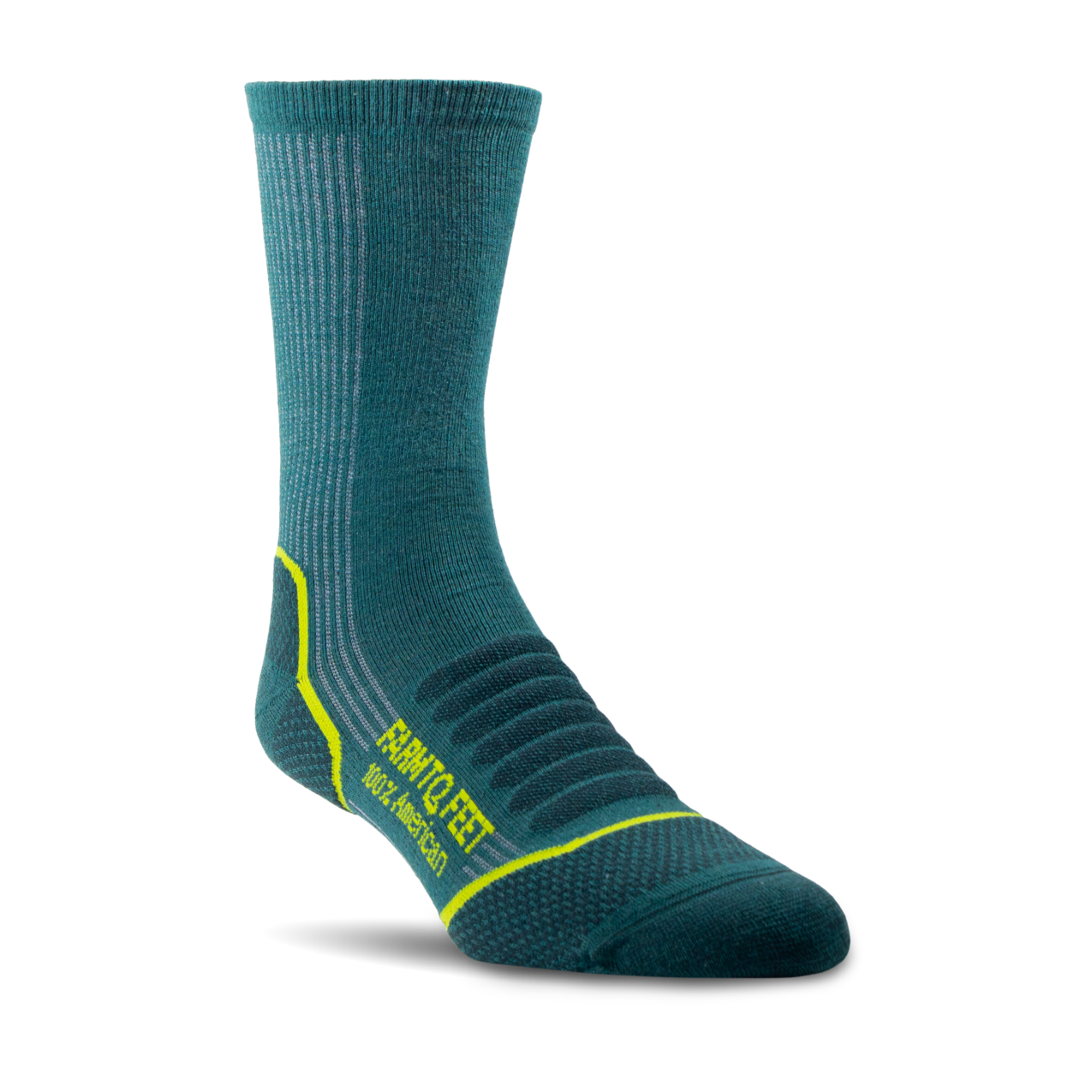 Teal sock with yellow accents on a white background