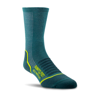Teal sock with yellow accents on a white background