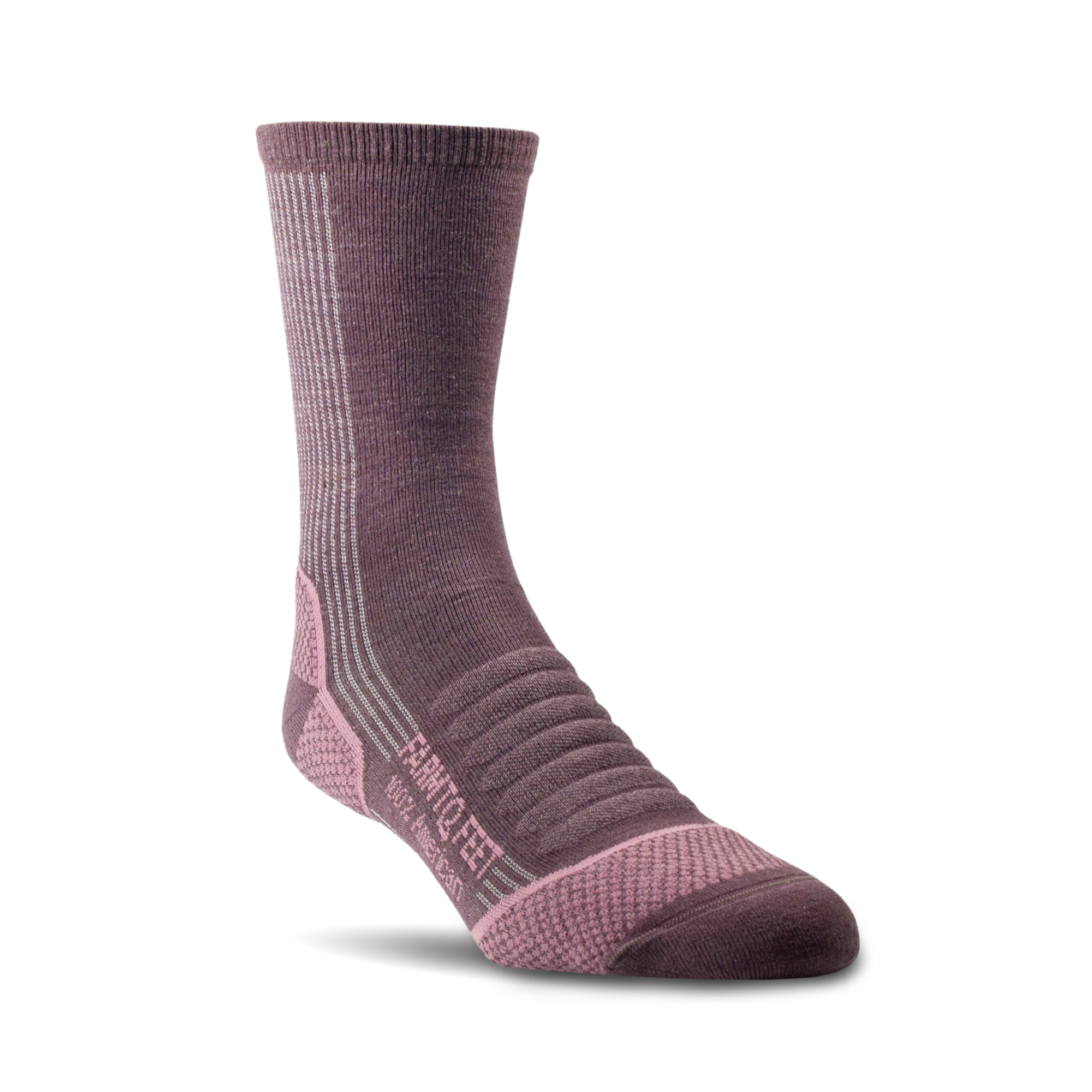Purple sock with brand logo on a white background
