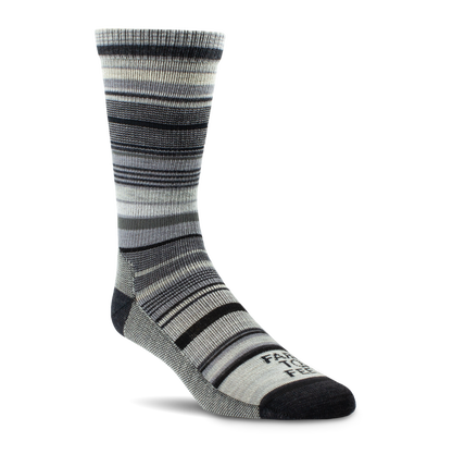 Gray and black striped sock on a white background