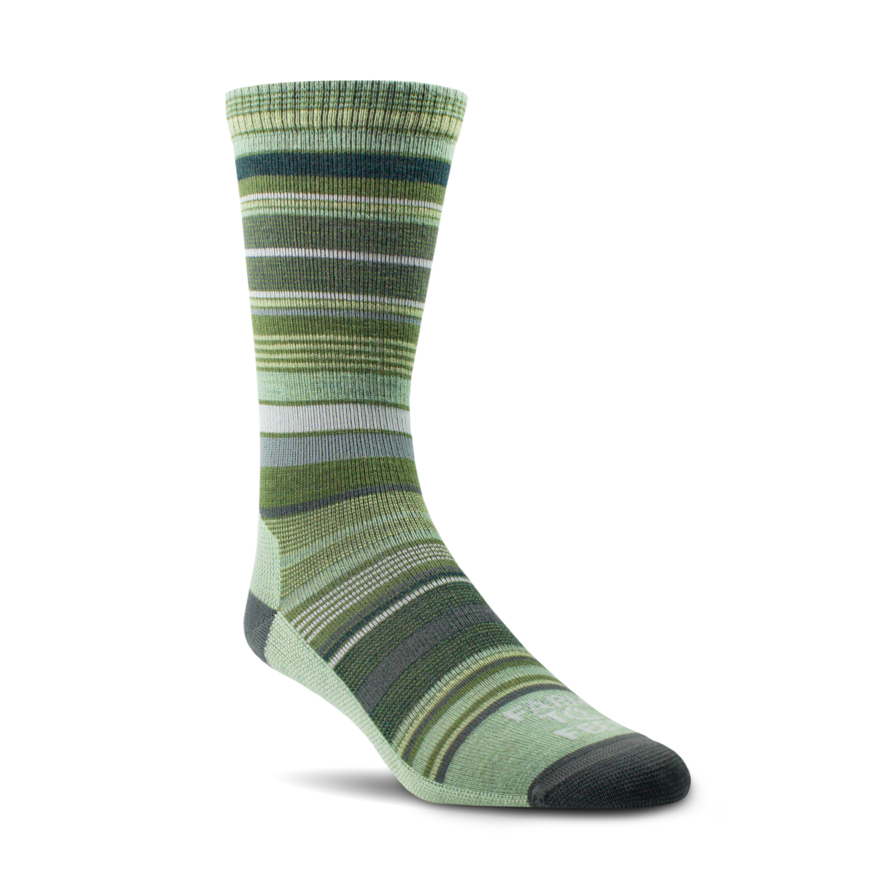 Green striped sock on a white background