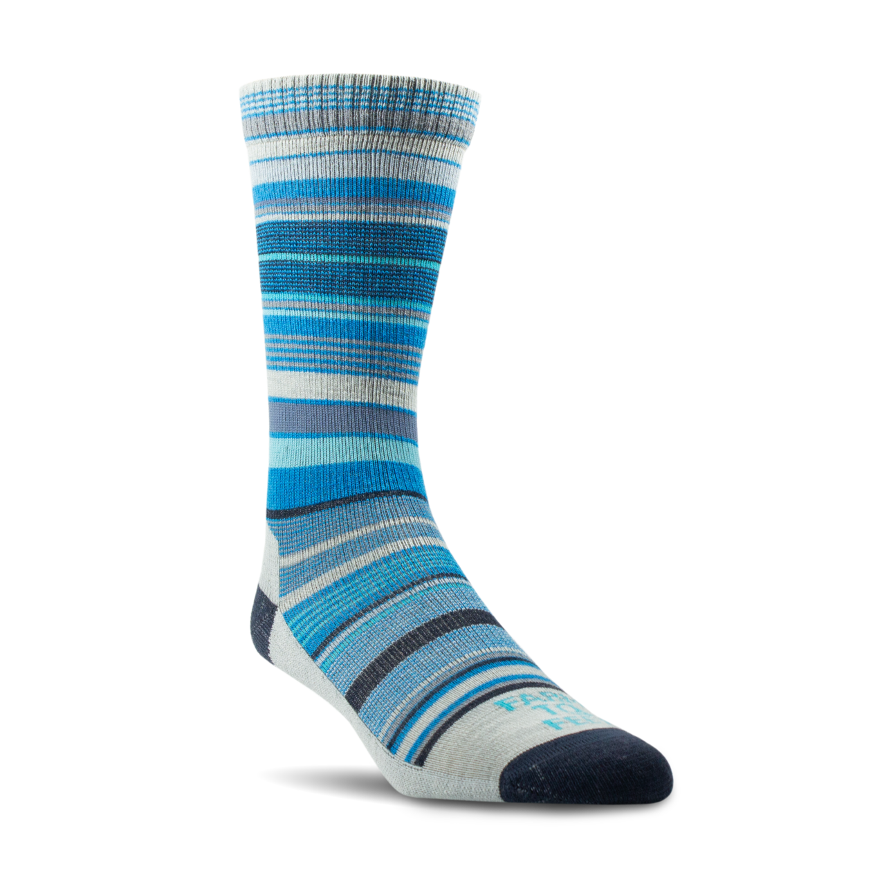 Blue and gray striped sock on a white background