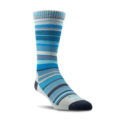 Blue and gray striped sock on a white background