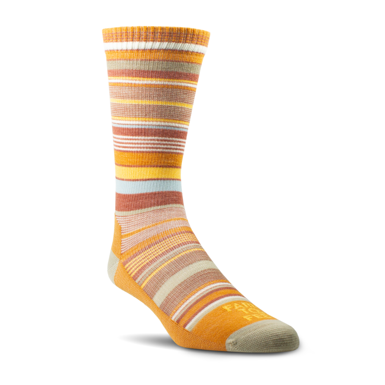 Striped sock with orange, yellow, and brown colors on a white background