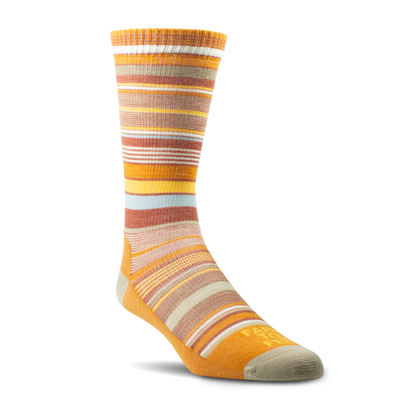 Striped sock with orange, yellow, and brown colors on a white background