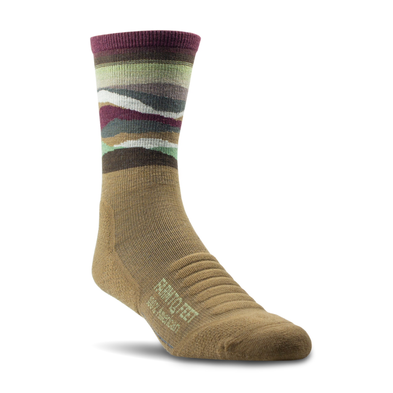 Brown sock with striped pattern on a white background