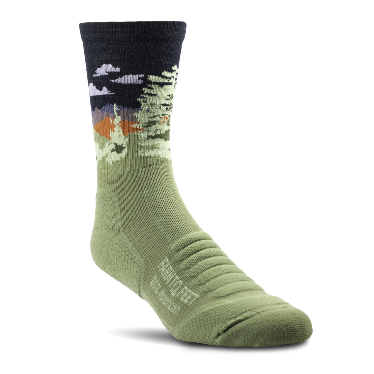 Green sock with nature design on a white background