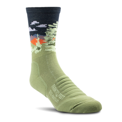 Green sock with nature design on a white background