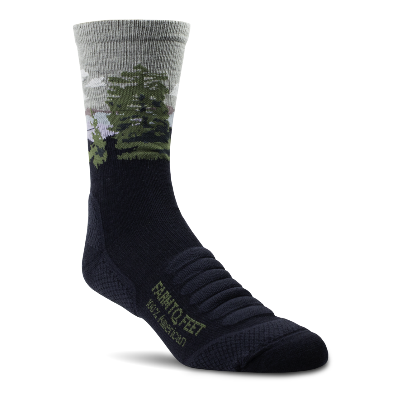 Black and gray sock with a forest design on a white background