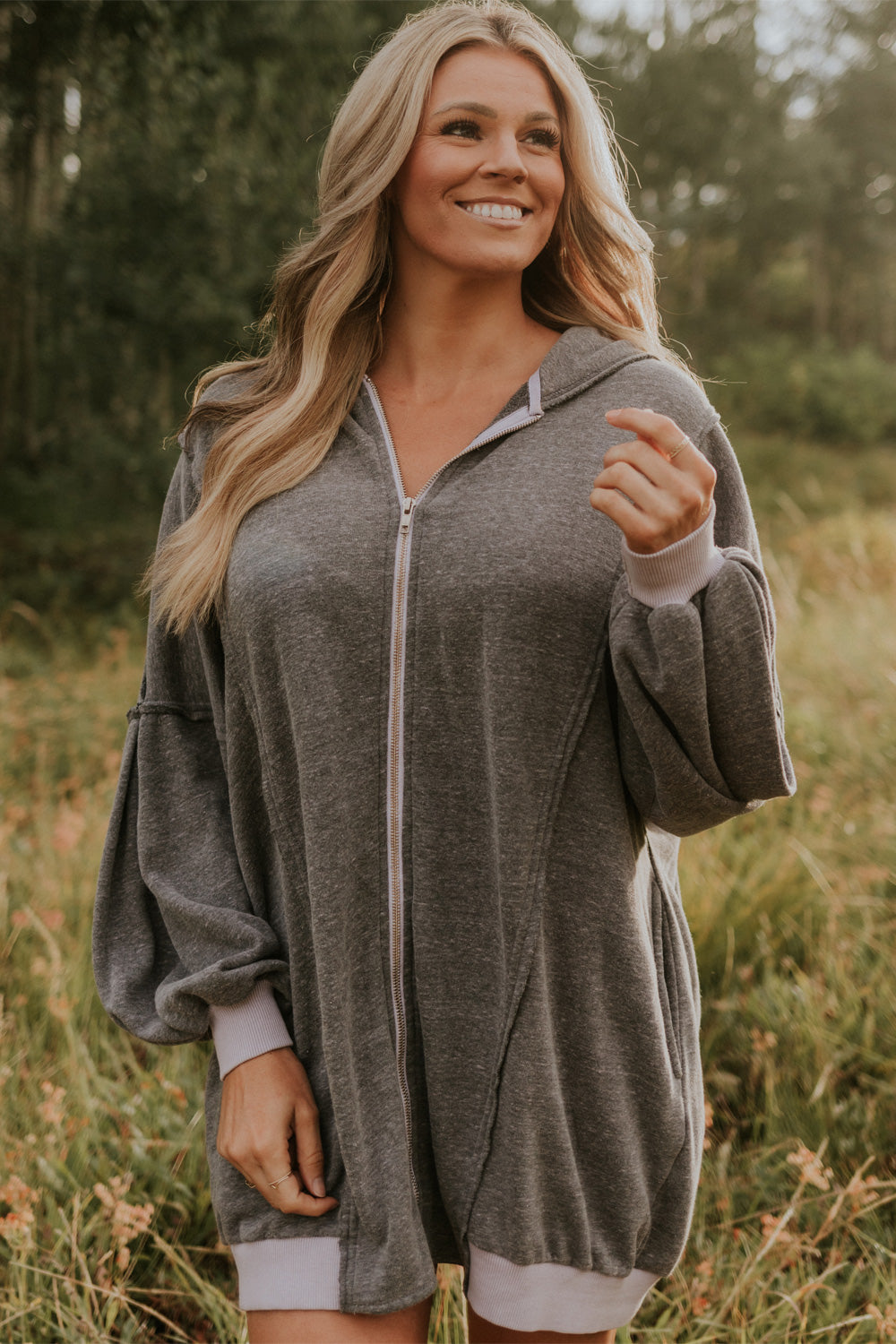 Women's Oversized Zip-Up Sweatshirt grey front close up