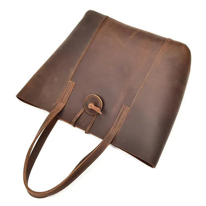 Leather tote bag with front flap and snap button closure, long shoulder handle