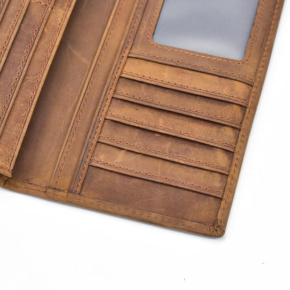 Close-up of brown leather pocket book interior with card slots and stitching